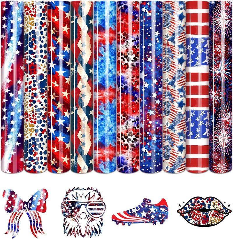 Tintnut 4th of July American Flag - 10pcs 12x10in US Flag Patterned Patriotic HTV Iron On Vinyl Compatible with Cricut/Cameo - Image 1
